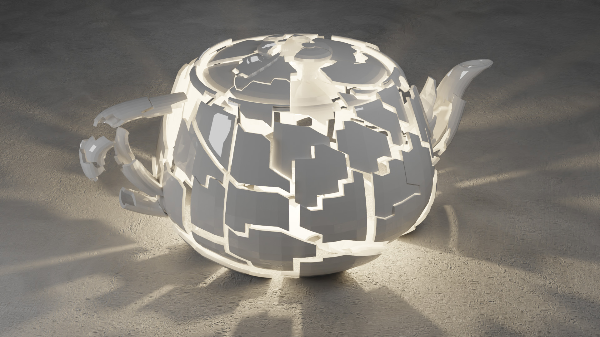 Render of a broken Utah teapot with light inside