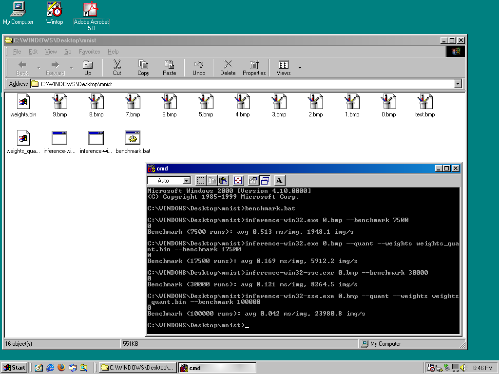 Screenshot of my MNIST benchmark running on Windows 98 Screenshot of my MNIST benchmark running on Windows 98
